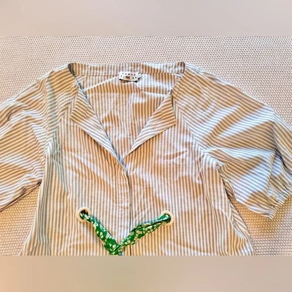 TANYA TAYLOR Blue Striped Blouse w Green Sash Women’s Top - Picture 9 of 14